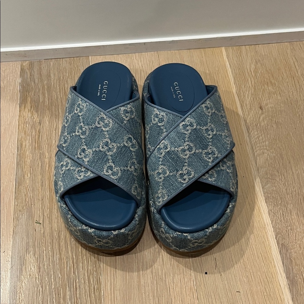 Gucci Denim Blue Monogram Slides
